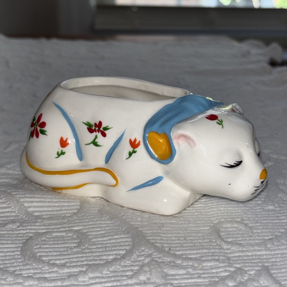 Vintage Porcelain Cat Planter Trinket Dish Kitty MCM Figurine Decor Taiwan